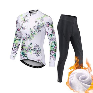 Imagem de Camisetas femininas de ciclismo - Roupas de ciclismo de manga comprida, além de veludo, mantêm aquecido, à prova de frio, alta elasticidade, branco-1, M