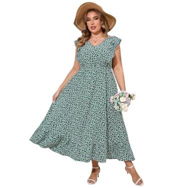 Imagem de KOJOOIN Vestido feminino plus size de verão com bolso com babados, sem mangas, decote em V, fenda lateral, vestido longo de praia, Pequena flor verde escura - 1, XGG