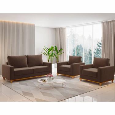 Imagem de Conjunto Estofado Living e 2 Poltronas Napoles Marrom - Casa Giulia