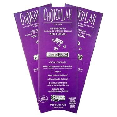 Imagem de Kit 3X: Chocolate 70% Cacau com Nibs Baixo em Açúcares Orgânico CHoKolaH 70g