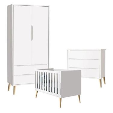 Imagem de Quarto De Bebê Theo 2 Portas Com Cômoda Gaveteiro Branco Acetinado Pés Madeira Natural - Reller