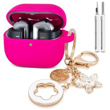 Imagem de Koujaon Capa compatível com Samsung Galaxy Buds 3/Galaxy Buds 3 Pro, capa de silicone para Galaxy Buds 3 Pro, Galaxy Buds 3, capa protetora com chaveiro brilhante para mulheres/meninas (rosa choque)