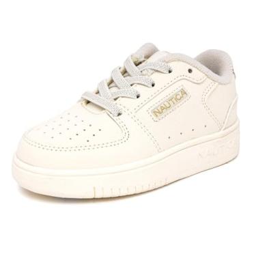 Imagem de Nautica Tênis moderno para meninas – Tênis de cano baixo com cadarço para crianças grandes, crianças pequenas e crianças pequenas (salto normal/sola plataforma), Bone Pale Gold, 18