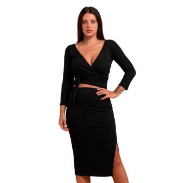 Imagem de Conjunto Feminino Plus Size Transpassada Cropped Envelope Saia Midi Fe