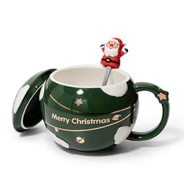 Imagem de Caneca infantil de Natal Papai Noel grande caneca festiva Happy Spehre - colher e tampa do Papai Noel - verde - cerâmica pode ir ao micro-ondas e à máquina de lavar louça - 400 ml canecas de feriado - café, chocolate quente, gemada - presente feliz