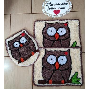 Imagem de Tapete de frufru Banheiro 3 Peças Coruja  Fundo Algodão crú - Valentin