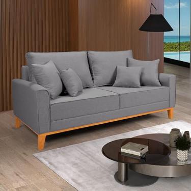 Imagem de Sofá Living Beny 3 Lugares Linho Cinza Fixo Sala Base Madeira
