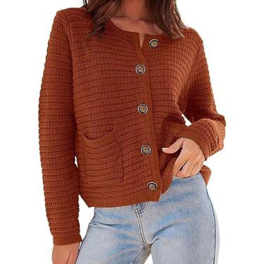 Imagem de Feminino outono e inverno cor sólida em torno do pescoço de malha commuter retro casual cardigan manga longa seção curta feminina, vermelho tijolo, m