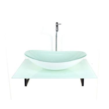 Imagem de Kit cuba de vidro oval com tampo 60cm branco full e suporte torneira v