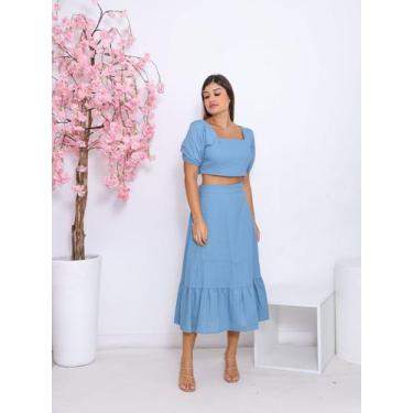Imagem de Conjunto Feminino Linho Premium Saia Midi e Blusa Manga Bufante Fashio