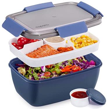 Imagem de Caperci Recipiente de salada grande para almoço - Better Adult Bento Lunch Box 1,927 g, bandeja de 5 compartimentos, 2 copos de molho de 85 g, empilhável, sem BPA (azul marinho)