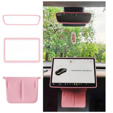 Imagem de Mstarke Acessórios Tesla Model 3 Model Y de moldura protetora de tela + almofada de silicone de carregamento sem fio para console central + capa de espelho retrovisor interno 3 peças 3 em 1 (rosa)