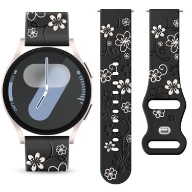 Imagem de Melyis Pulseira com flor fofa gravada para Samsung Galaxy Watch 7 6 5 4 FE de 40 mm e 44 mm, silicone macio de 20 mm de liberação rápida para Galaxy Watch 6 Classic de 47 mm e 43 mm/Watch 5pro/Watch 4