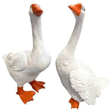 Imagem de Casal de Gansos Escultura Realista em Resina Branco - LZ Decorações