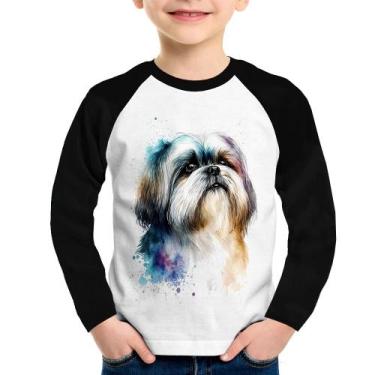 Imagem de Camiseta Raglan Infantil Cachorro Shih Tzu Watercolor Manga Longa - Fo
