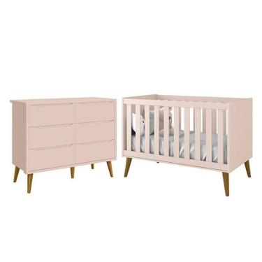 Imagem de Jogo De Quarto Infantil Theo Cômoda 6 Gavetas E Berço Rosa Fosco Com Pés Amadeirado Reller Móveis Rosa Fosco