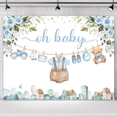 Imagem de Omifly On Boy Baby Shower Decorações 8Wx6H Pano de fundo para fotografia Oh Baby Sign azul floral aquarela eucalipto desenho animado fundo bonito festa bolo mesa banner decoração cabine foto adereços