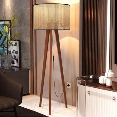 Imagem de Luminária Abajur Tripé Mobigu Cúpula Rattan Pés Em Madeira, Palha/Pret