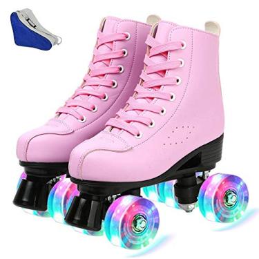Imagem de Patins femininos de couro PU patins derby de cano alto patins quatro rodas ao ar livre patins brilhantes fileira dupla para ambientes internos (Pink Flash, 38-US: 7)