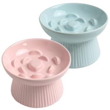Imagem de LE SERVETA Pacote com 2 tigelas de cerâmica para gatos, alimentador de quebra-cabeça elevado, antivômito, tigela de comida elevada, compatível com bigodes (azul, rosa)