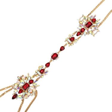 Imagem de Aimimier Boho Corrente corporal de strass sexy corrente de biquíni sutiã corrente declaração colar cristal brilhante praia acessórios para o corpo para mulheres (vermelho)