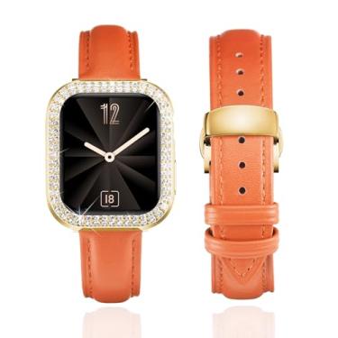 Imagem de BINLUN Pulseira de couro feminina de couro compatível com Apple Watch SE2 SE séries 9/8/7/6/5/40 mm de 45 mm, 44 mm, 41 mm e 40 mm (41 mm, laranja-dourada)
