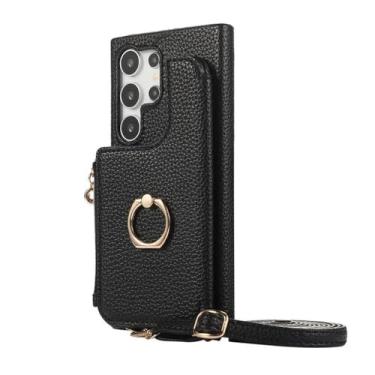 Imagem de Porta-cartões com zíper, carteira de couro, anel, espelho de maquiagem, capa para Samsung Galaxy S24 Ultra S23 Plus S22 A15 A35 A55 A05 A25, preta, para Samsung A53 5G