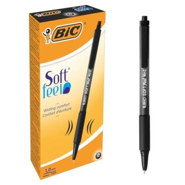 Imagem de BIC Canetas esferográficas retráteis pretas de toque macio, ponta média (1,0 mm), pacote com 12 unidades, canetas pretas com aderência confortável de toque suave