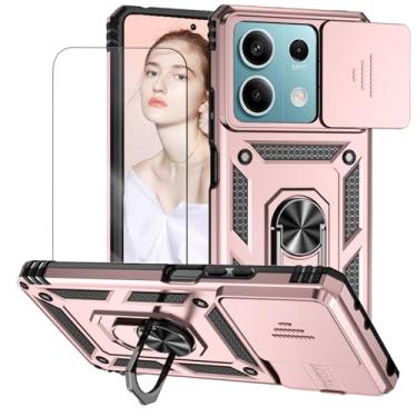 Imagem de Capa para Redmi Note 13 5G Capinha | com 2 peças de protetor de tela temperado com janela deslizante da câmera e suporte para telefone incluídos - Rosa