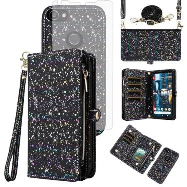Imagem de Asuwish Capa de celular para Google Pixel 2XL com zíper carteira magnética destacável com protetor de tela e suporte de cartão com glitter, acessórios para celular Pixle 2 XL Pixel2XL Pixel2 LX