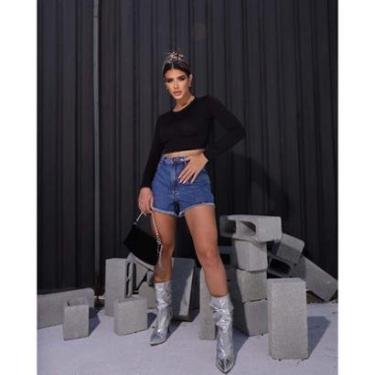 Imagem de Shorts Jeans Mom Feminino Cintura Alta Cut Out Aplicação 22601-Feminino