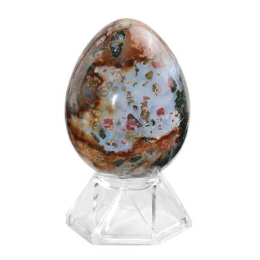 Imagem de Nupuyai Estátua de ovo jaspe oceano de 3,8 a 5 cm com suporte de acrílico, estatueta de bola de pedra de cristal esculpida polida para decoração de escritório em casa