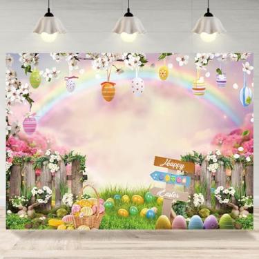 Imagem de 2,1 x 1,5 m pano de fundo de primavera Páscoa coelho de Páscoa ovos coloridos fotografia flores grama cerca arco-íris banner decorações bebê crianças festa de Páscoa adereços de cabine de fotos