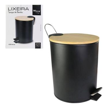 Imagem de Lixeira De Inox Preta Com Tampa De Bambu 5 Litros