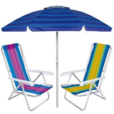 Imagem de Kit Praia 2 Cadeira Reclinável 8 Pos Alumínio + Guarda Sol 2m Sombreiro Alum - Mor - Azul