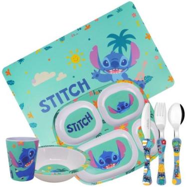 Imagem de Jogo Refeição Infantil Melamina Stitch Disney 7 Peças Incluso Talheres