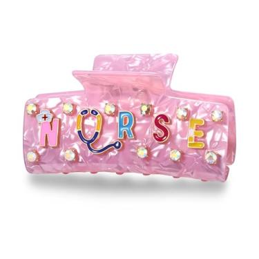 Imagem de BVGA Nurses Day Grampos de cabelo rosa acetato enfermeira chapéu estetoscópio coração garra de cabelo para mulheres enfermagem graduação acessórios de cabelo roupas presentes (padrão A)