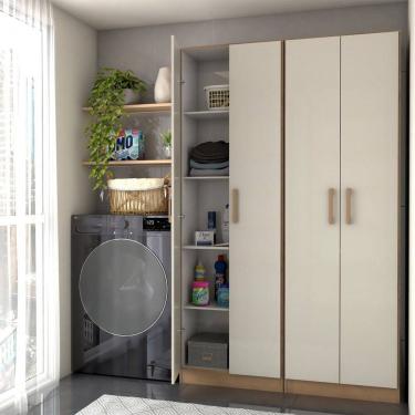 Imagem de Armário Multiuso Malta 4 Portas 8 Prateleiras Canelato/Natural/Off White - Panorama Móveis