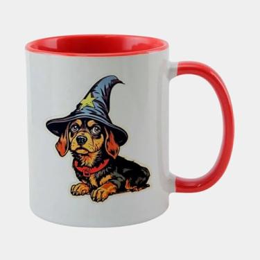 Imagem de Caneca Branca Interna Alça Vermelha Porcelana - DACHSHUND CACHORRO CHAPEU MAGO