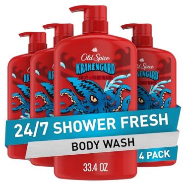 Imagem de Old Spice Sabonete líquido de limpeza para homens, 3X Defense, chuveiro 24/7 fresco com aroma duradouro, sabonete corporal e rosto 2 em 1, Krakengard com perfume profundo do oceano, 33,4 (pacote com 4