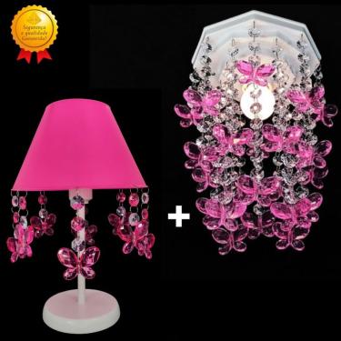 Imagem de Luminária Para Quarto de Bebê Feminino Lustre Teto Infantil Menina Decoração Rosa e Abajur -kit iris