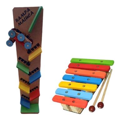Imagem de Kit Brinquedo Educativo Em Madeira Xilofone + Rampa Maluca
