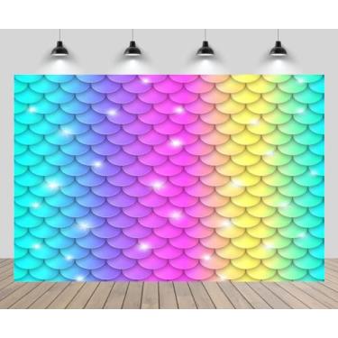 Imagem de CHNYWORK 2,1 m x 1,5 m arco-íris colorido escamas de sereia pano de fundo com glitter sereia aniversário arco-íris imagens coloridas fundo recém-nascido princesa tema meninas festa de aniversário