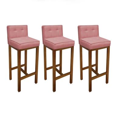 Imagem de Kit 03 Banqueta Alta Com Encosto Alba Cozinha Balcão Bistrô Base Madeira Carvalho Suede Rose Gold