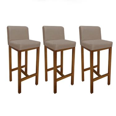 Imagem de Kit 03 Banqueta Alta Com Encosto Aila Cozinha Balcão Bistrô Base Madeira Castanho Corino Bege