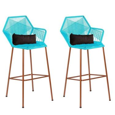 Imagem de Kit 02 Banqueta Alta Com Encosto Sttar Ferro Bronze Fibra Azul Turquesa Almofada Suede Marrom