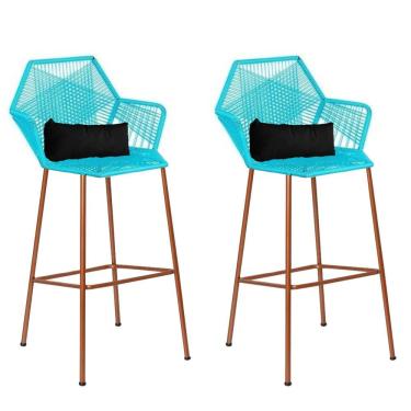 Imagem de Kit 02 Banqueta Alta Sttar Ferro Bronze Fibra Azul Turquesa Almofada Preto