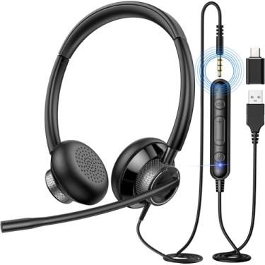 Imagem de New bee Fone de ouvido USB com microfone para PC, fone de ouvido de computador com controle de volume mudo em linha, fone de ouvido com fio para laptop, Skype, zoom, call center, reuniões, webinar