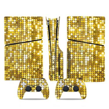 Imagem de PS5 Slim Disk Skin & Controller Decal Set-Custom Vinyl Wrap Adesivos para PlayStation 5 Slim Disk Console e DualSense Controller-Matte Black Gaming Skins Proteção Completa (Dourado, Disco Fino PS5)