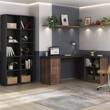 Imagem de Kit 2 Peças Com Escrivaninha Em L Com Nichos E 3 Gavetas E Estante Clean Com 10 Nichos Ipê-preto
